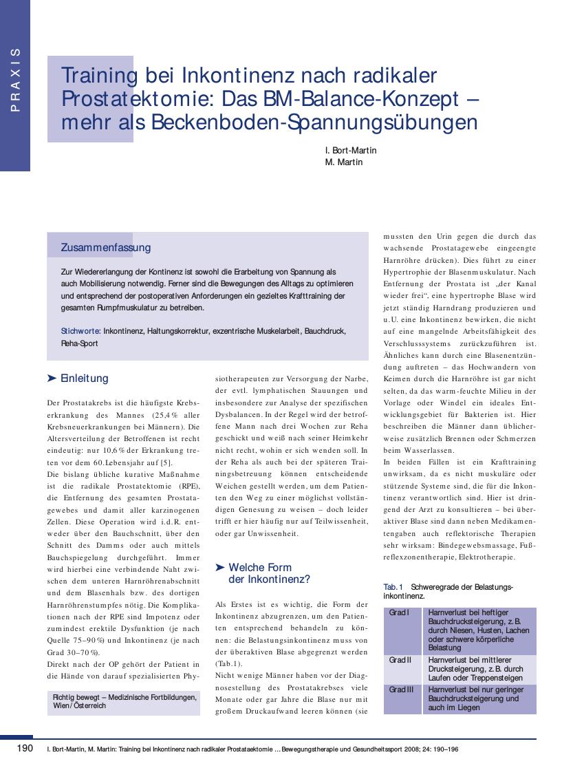 Vorschauseite 1: Training bei Inkontinenz nach radikaler Prostatektomie: Das BM-Balance-Konzept – mehr als Beckenboden-Spannungsübungen