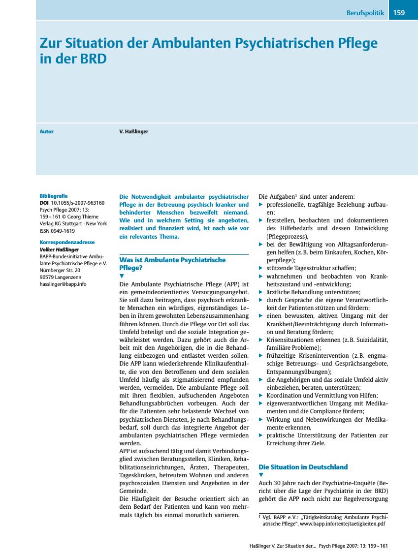 Vorschauseite 1: Zur Situation der Ambulanten Psychiatrischen Pflege in der BRD
