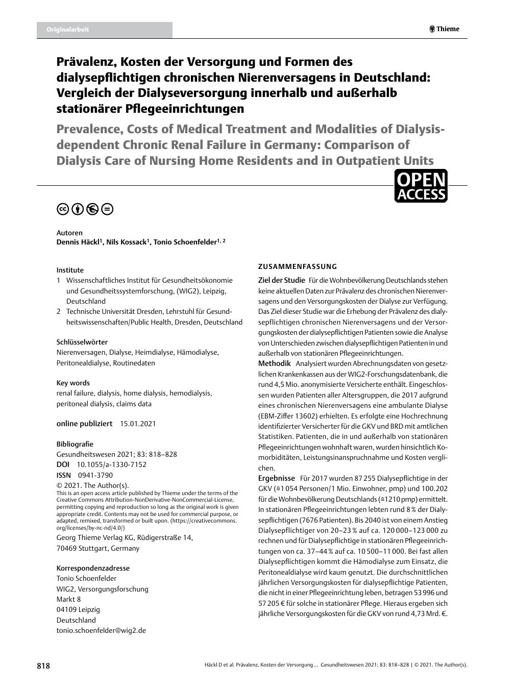 Vorschauseite 1: Prävalenz, Kosten der Versorgung und Formen des dialysepflichtigen chronischen Nierenversagens in Deutschland: Vergleich der Dialyseversorgung innerhalb und außerhalb stationärer…