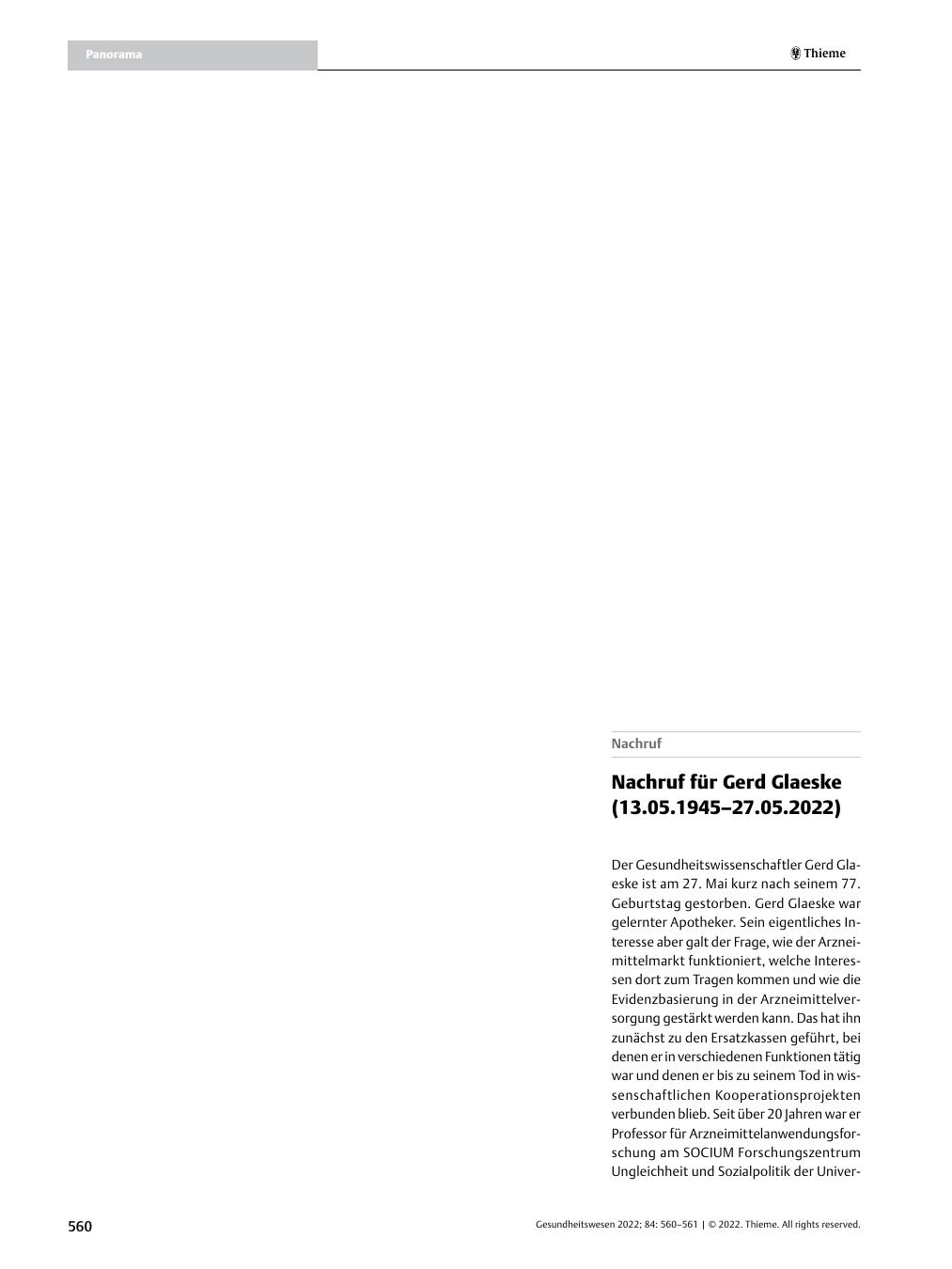 Vorschauseite 1: Nachruf für Gerd Glaeske (13.05.1945–27.05.2022)