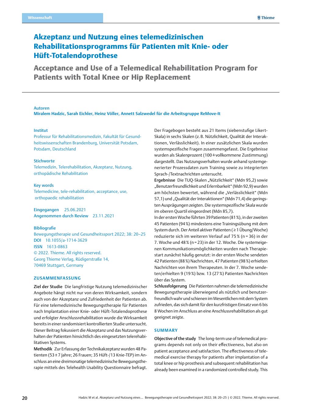 Vorschauseite 1: Akzeptanz und Nutzung eines telemedizinischen Rehabilitationsprogramms für Patienten mit Knieoder Hüfttotalendoprothese