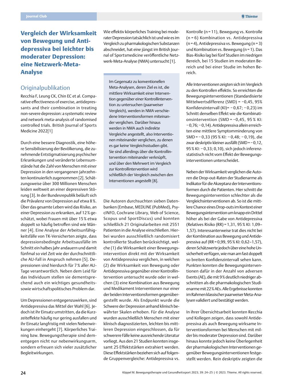 Vorschauseite 1: Vergleich der Wirksamkeit von Bewegung und Antidepressiva bei leichter bis moderater Depression: eine Netzwerk-Meta-Analyse