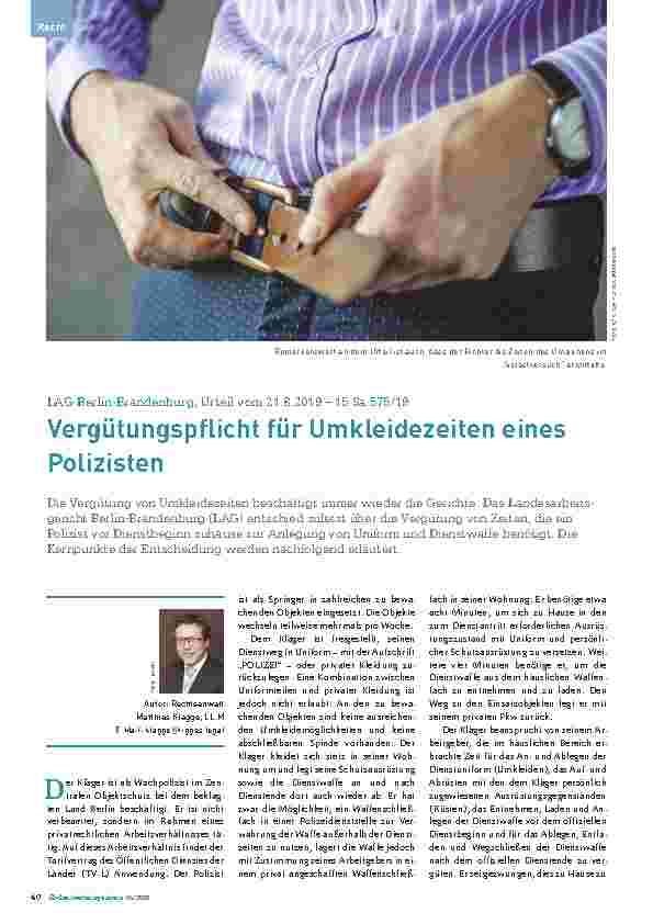 Vorschauseite 1: LAG Berlin-Brandenburg, Urteil vom 21.8.2019 – 15 Sa 575/19 Vergütungspflicht für Umkleidezeiten eines Polizisten