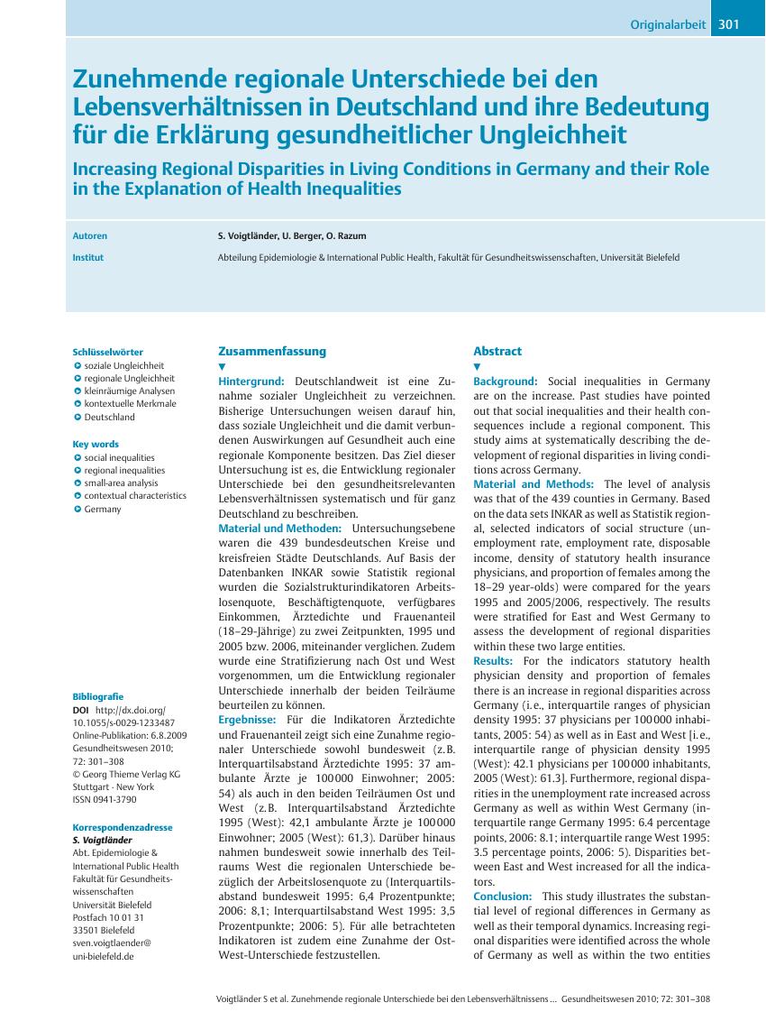 Vorschauseite 1: Zunehmende regionale Unterschiede bei den Lebensverhältnissen in Deutschland und ihre Bedeutung für die Erklärung gesundheitlicher Ungleichheit