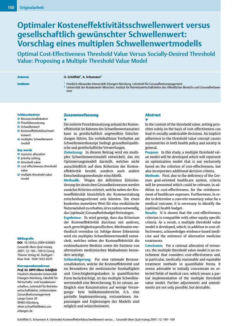 Vorschauseite 1: Optimaler Kosteneffektivitätsschwellenwert versus gesellschaftlich gewünschter Schwellenwert: Vorschlag eines multiplen Schwellenwertmodells