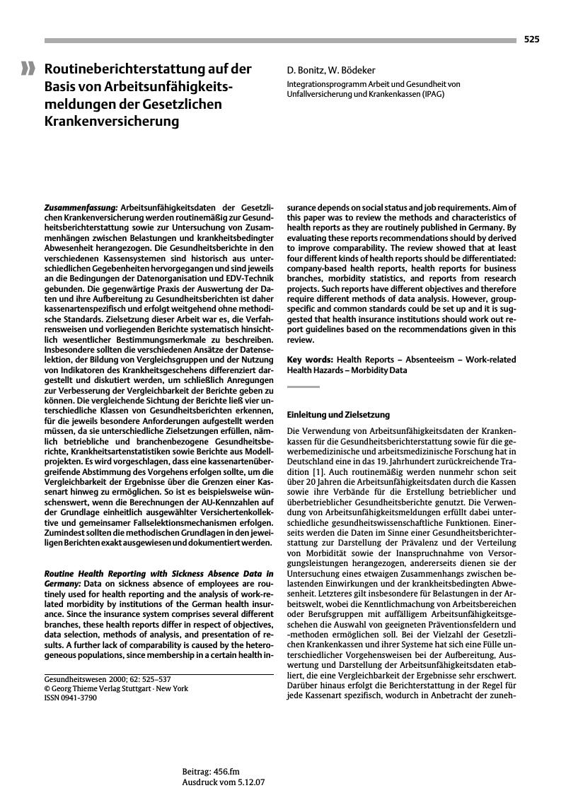 Vorschauseite 1: Routineberichterstattung auf der Basis von Arbeitsunfähigkeitsmeldungen der Gesetzlichen Krankenversicherung