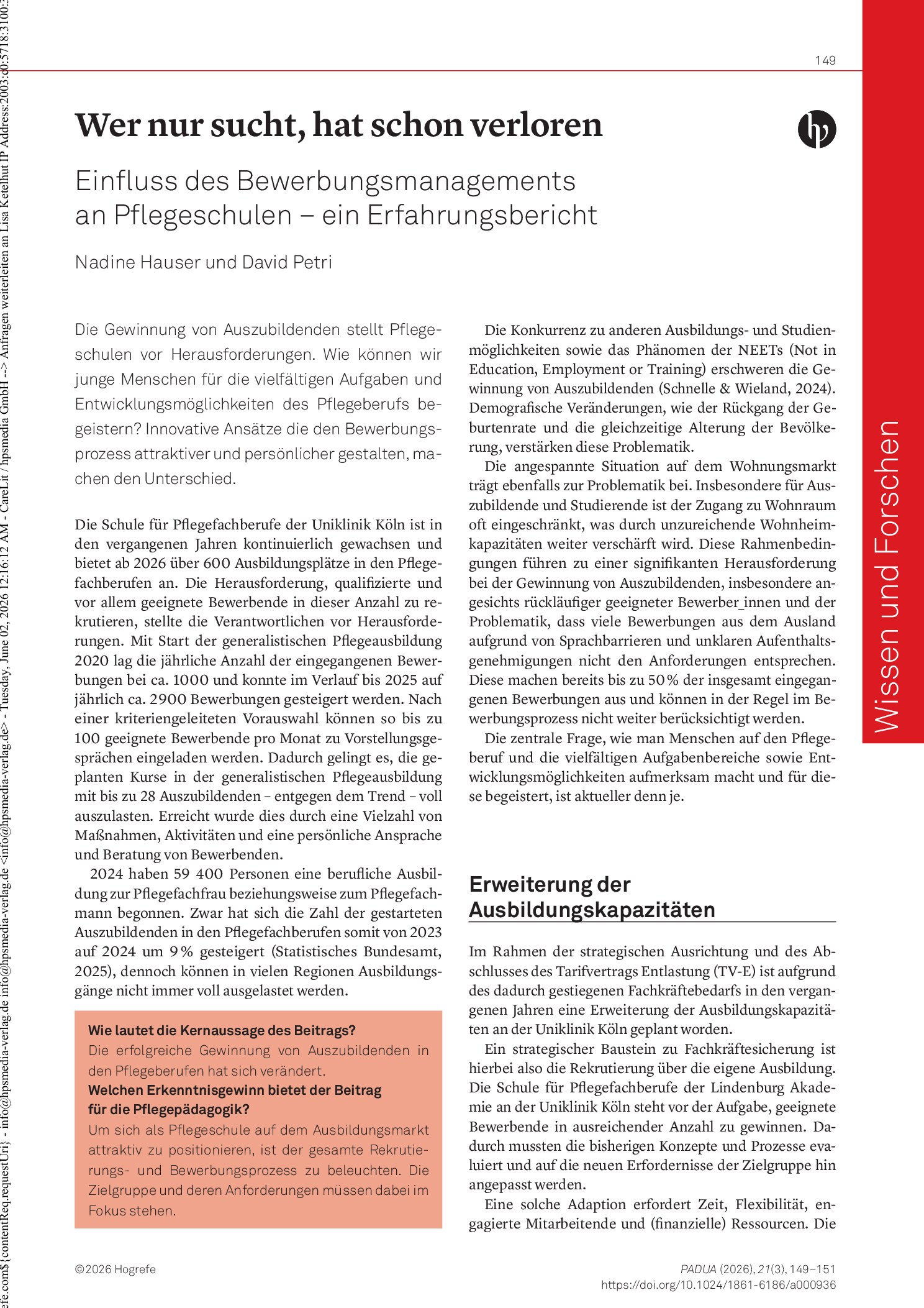 Vorschauseite 1: Wer nur sucht, hat schon verloren: Einfluss des Bewerbungsmanagements an Pflegeschulen – ein Erfahrungsbericht