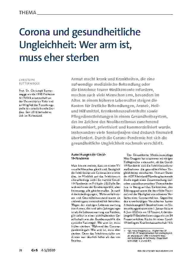 Vorschauseite 1: Corona und gesundheitliche Ungleichheit: Wer arm ist, muss eher sterben
