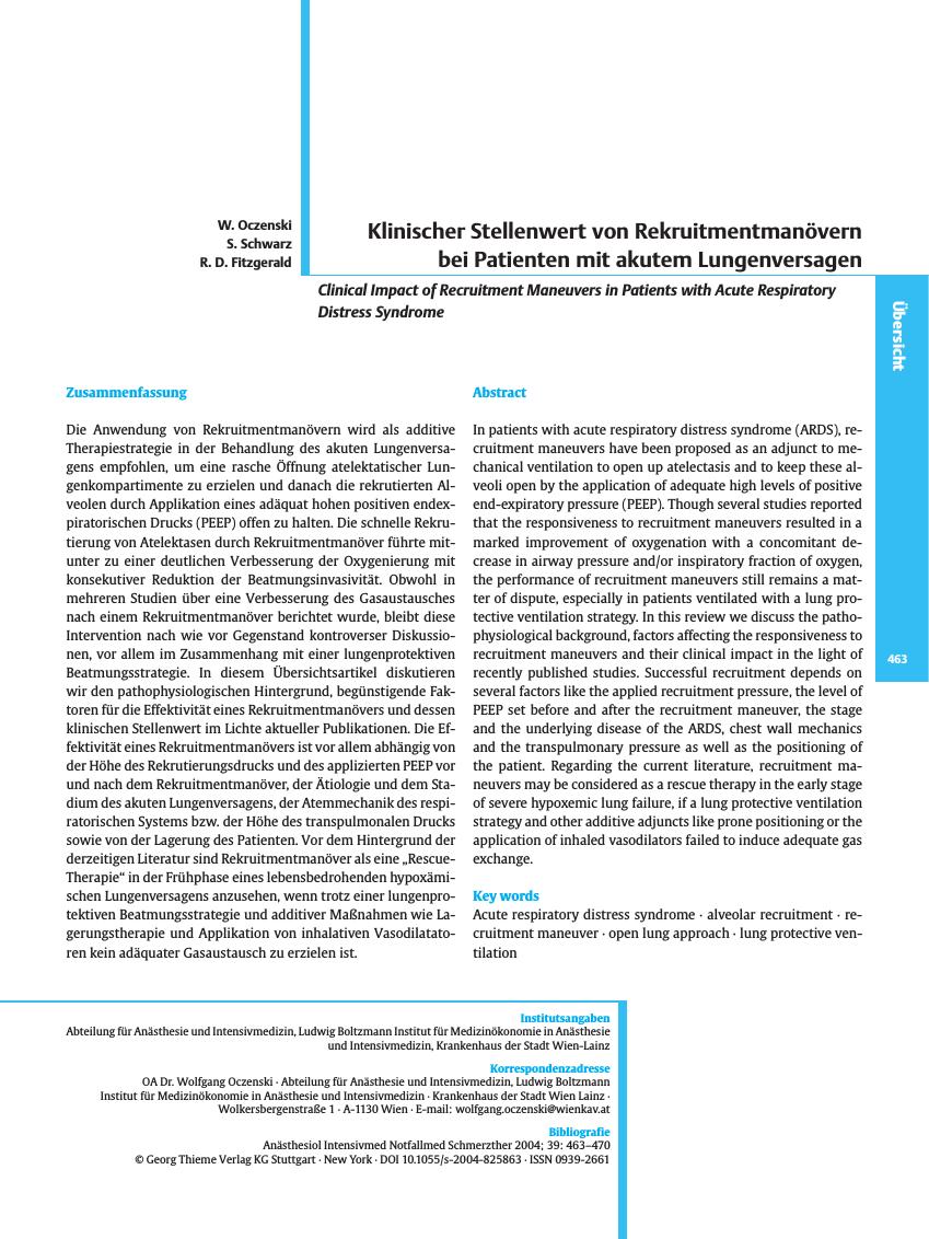 Vorschauseite 1: Klinischer Stellenwert von Rekruitmentmanövern bei Patienten mit akutem Lungenversagen