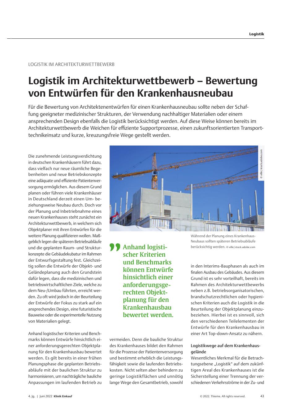 Vorschauseite 1: Logistik im Architekturwettbewerb: Logistik im Architekturwettbewerb – Bewertung von Entwürfen für den Krankenhausneubau