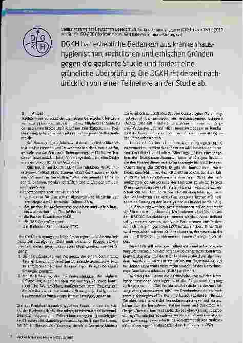 Vorschauseite 1: Stellungnahme der Deutschen Gesellschaft für Krankenhaushygiene (DGKH) vom 16.12.2019 zur Studie ISO-ADE (Horizontale vs. Vertikale Präventionsstrategien) DGKH hat erhebliche Bede…