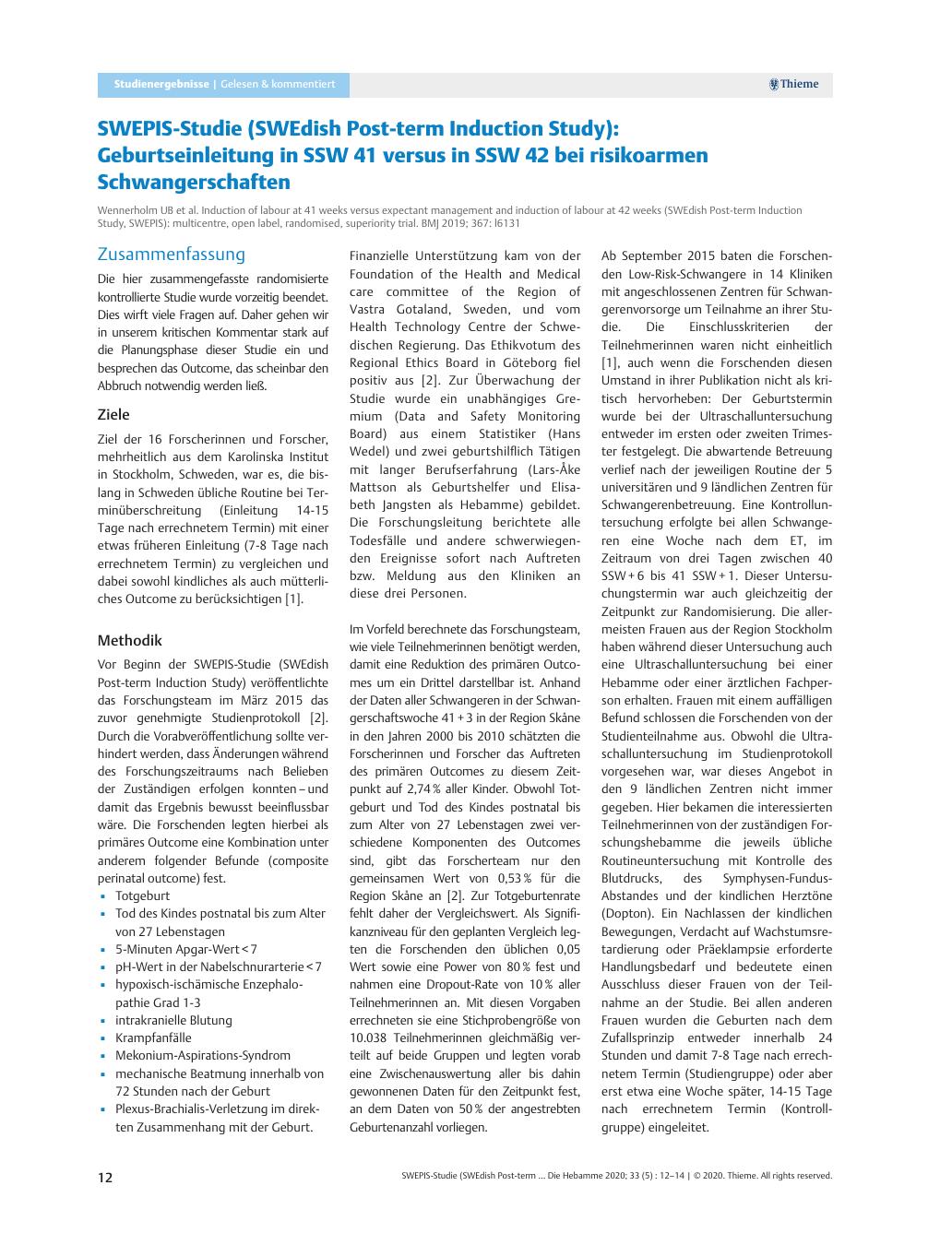 Vorschauseite 1: SWEPIS-Studie (SWEdish Post-term Induction Study): Geburtseinleitung in SSW 41 versus in SSW 42 bei risikoarmen Schwangerschaften