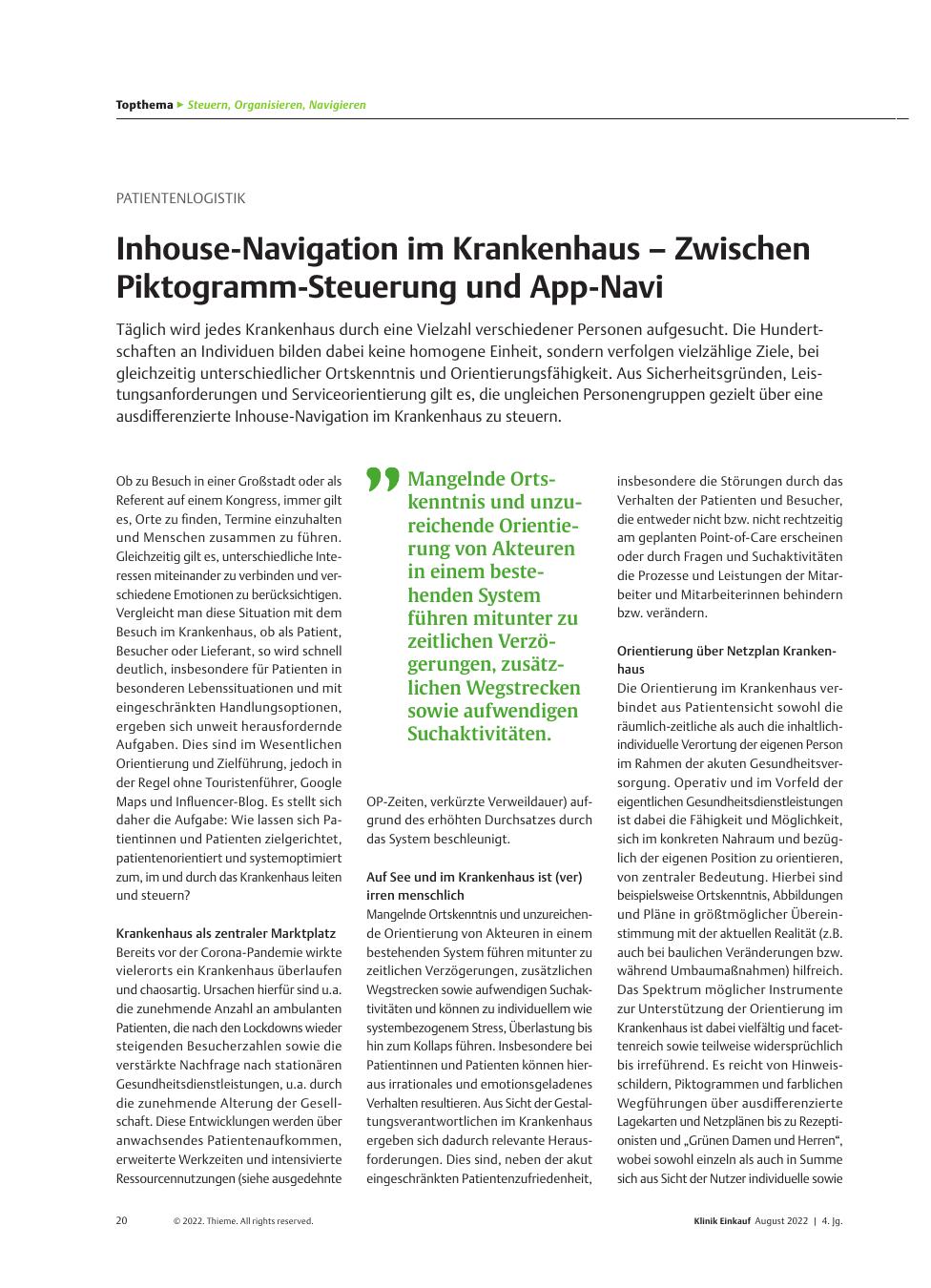 Vorschauseite 1: Patientenlogistik: Inhouse-Navigation im Krankenhaus – Zwischen Piktogramm-Steuerung und App-Navi