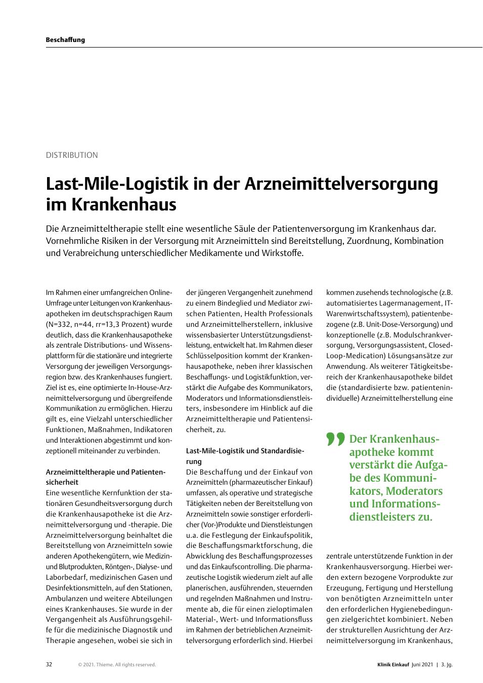 Vorschauseite 1: Distribution: Last-Mile-Logistik in der Arzneimittelversorgung im Krankenhaus