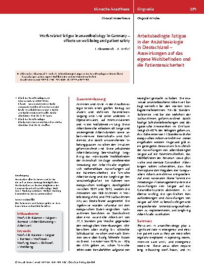 Vorschauseite 1: Arbeitsbedingte Fatigue in der Anästhesiologie in Deutschland – Auswirkungen auf das eigene Wohlbefinden und die Patientensicherheit
