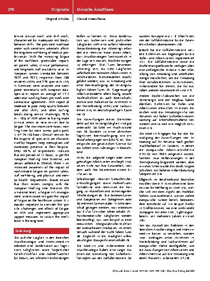 Vorschauseite 2: Arbeitsbedingte Fatigue in der Anästhesiologie in Deutschland – Auswirkungen auf das eigene Wohlbefinden und die Patientensicherheit