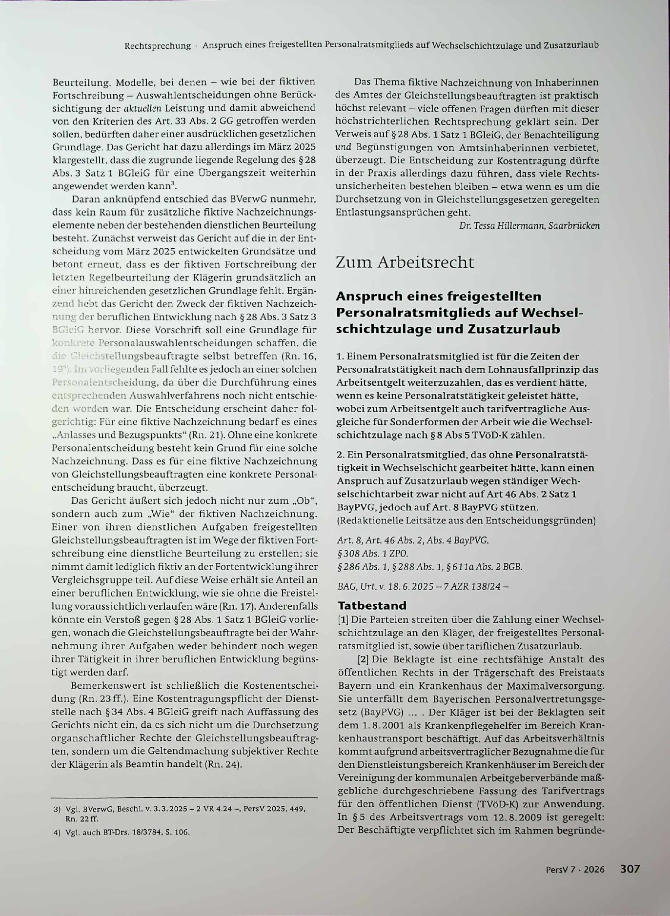 Vorschauseite 1: Anspruch eines freigestellten Personalratsmitglieds auf Wechselschichtzulage und Zusatzurlaub