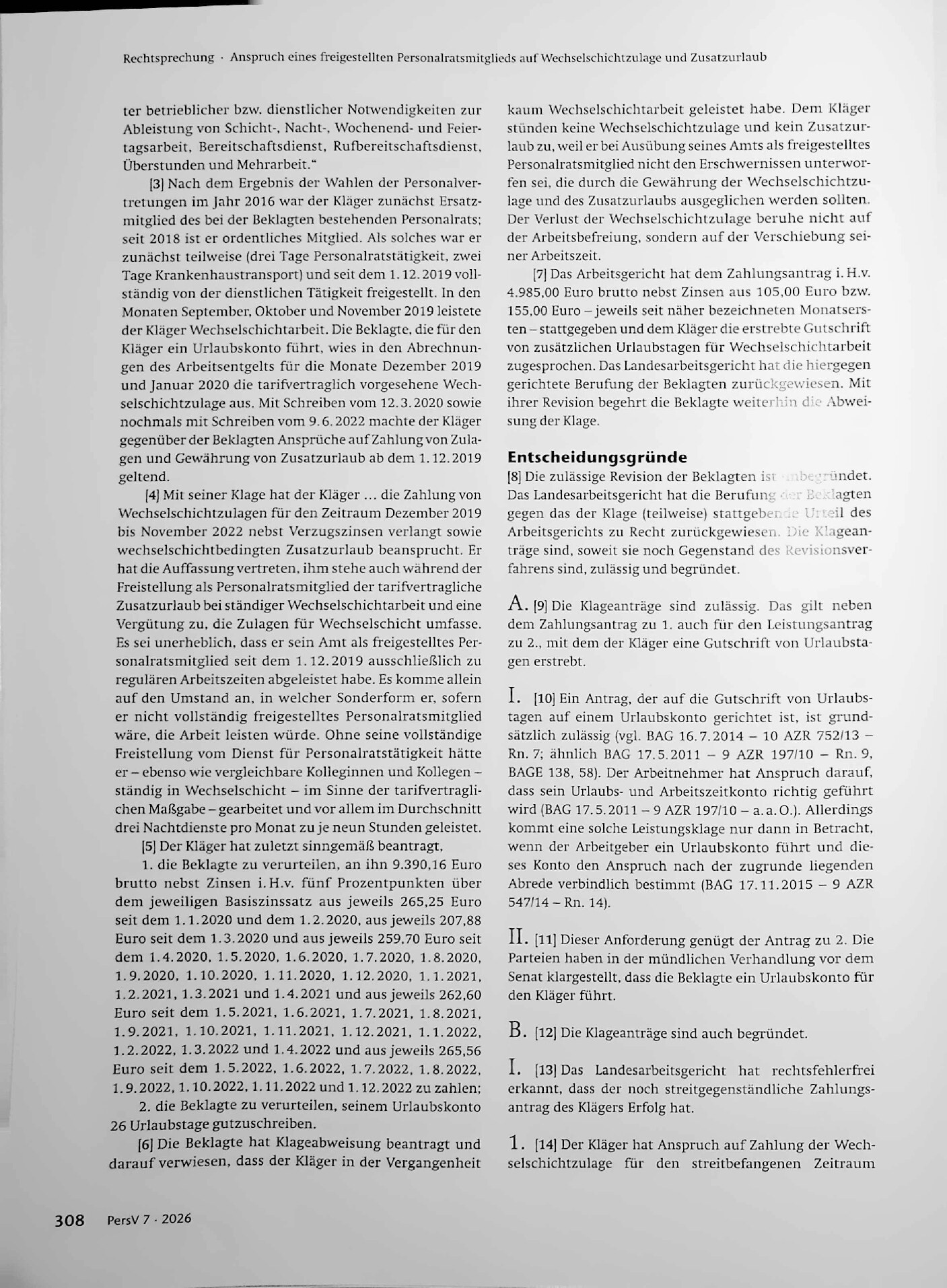Vorschauseite 2: Anspruch eines freigestellten Personalratsmitglieds auf Wechselschichtzulage und Zusatzurlaub