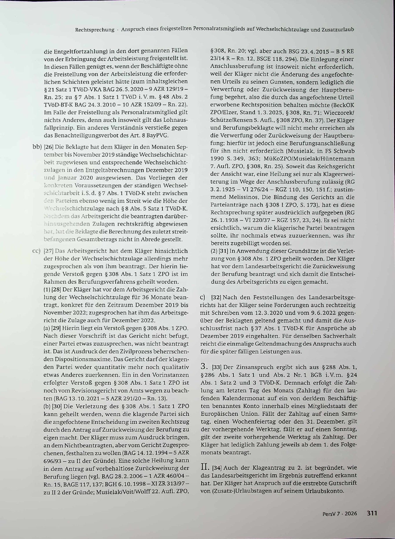 Vorschauseite 5: Anspruch eines freigestellten Personalratsmitglieds auf Wechselschichtzulage und Zusatzurlaub