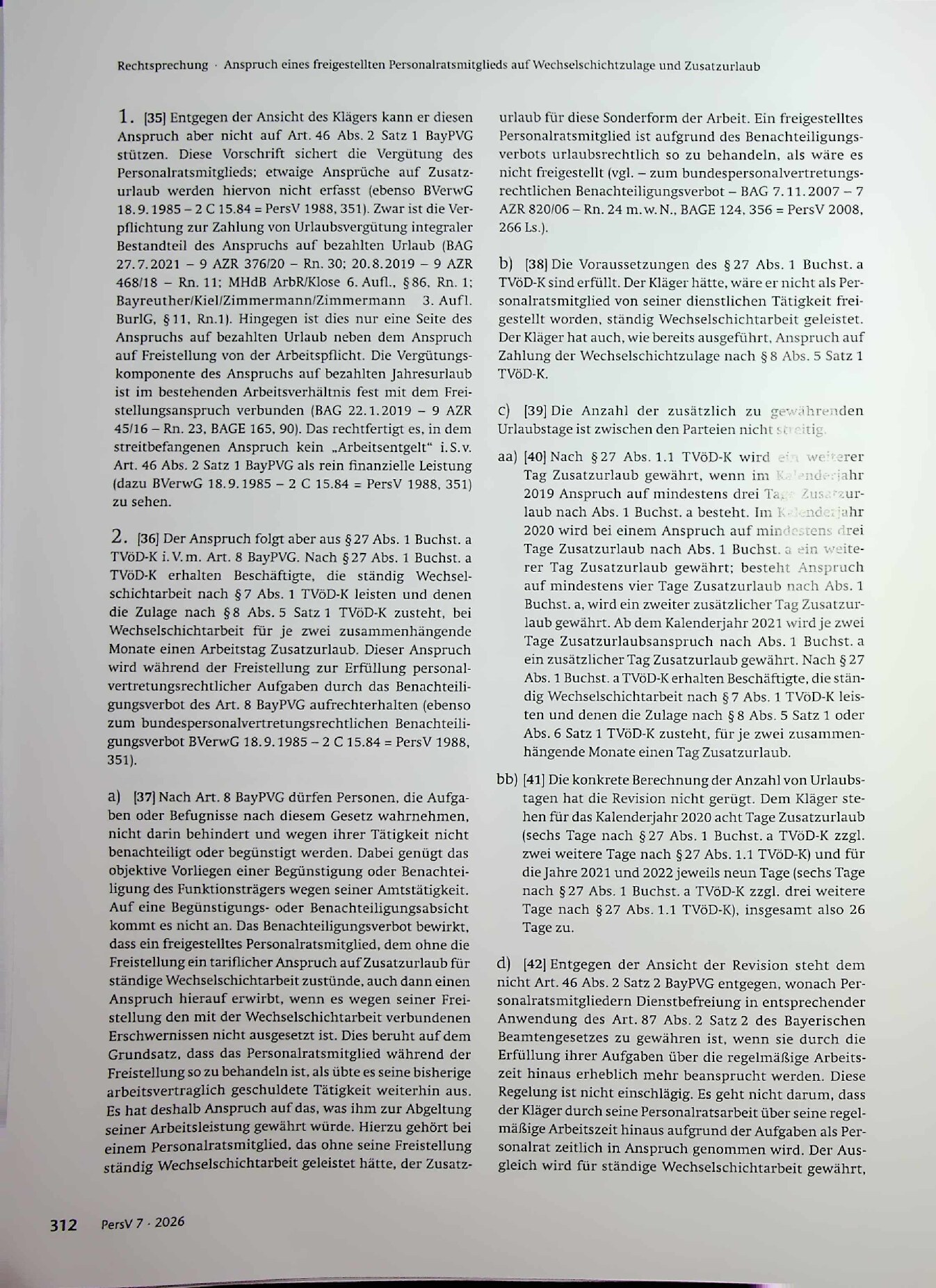 Vorschauseite 6: Anspruch eines freigestellten Personalratsmitglieds auf Wechselschichtzulage und Zusatzurlaub