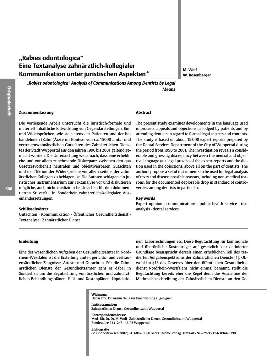 Vorschauseite 1: „Rabies odontologica” Eine Textanalyse zahnärztlich-kollegialer Kommunikation unter juristischen Aspekten