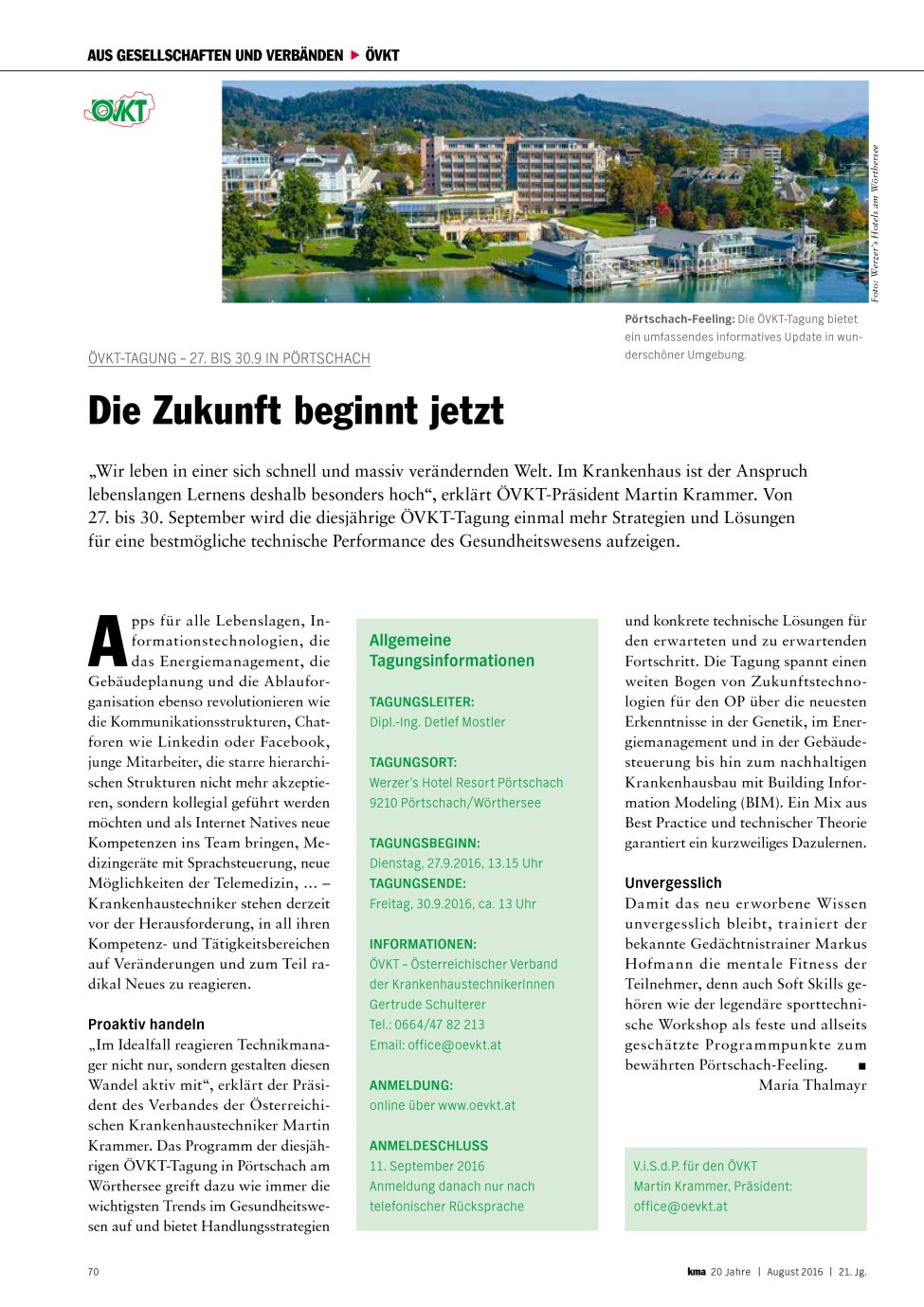 Vorschauseite 1: ÖVKT-Tagung ? 27. bis 30.9 in Pörtschach: Die Zukunft beginnt jetzt