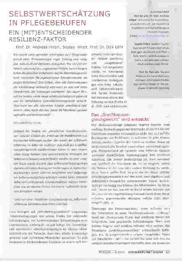Vorschauseite 1: SELBSTWERTSCHÄTZUNG Autorenkontakt: Prof. Dr. phil. Dr. med. Andreas IN PFLEGEBERUFEN