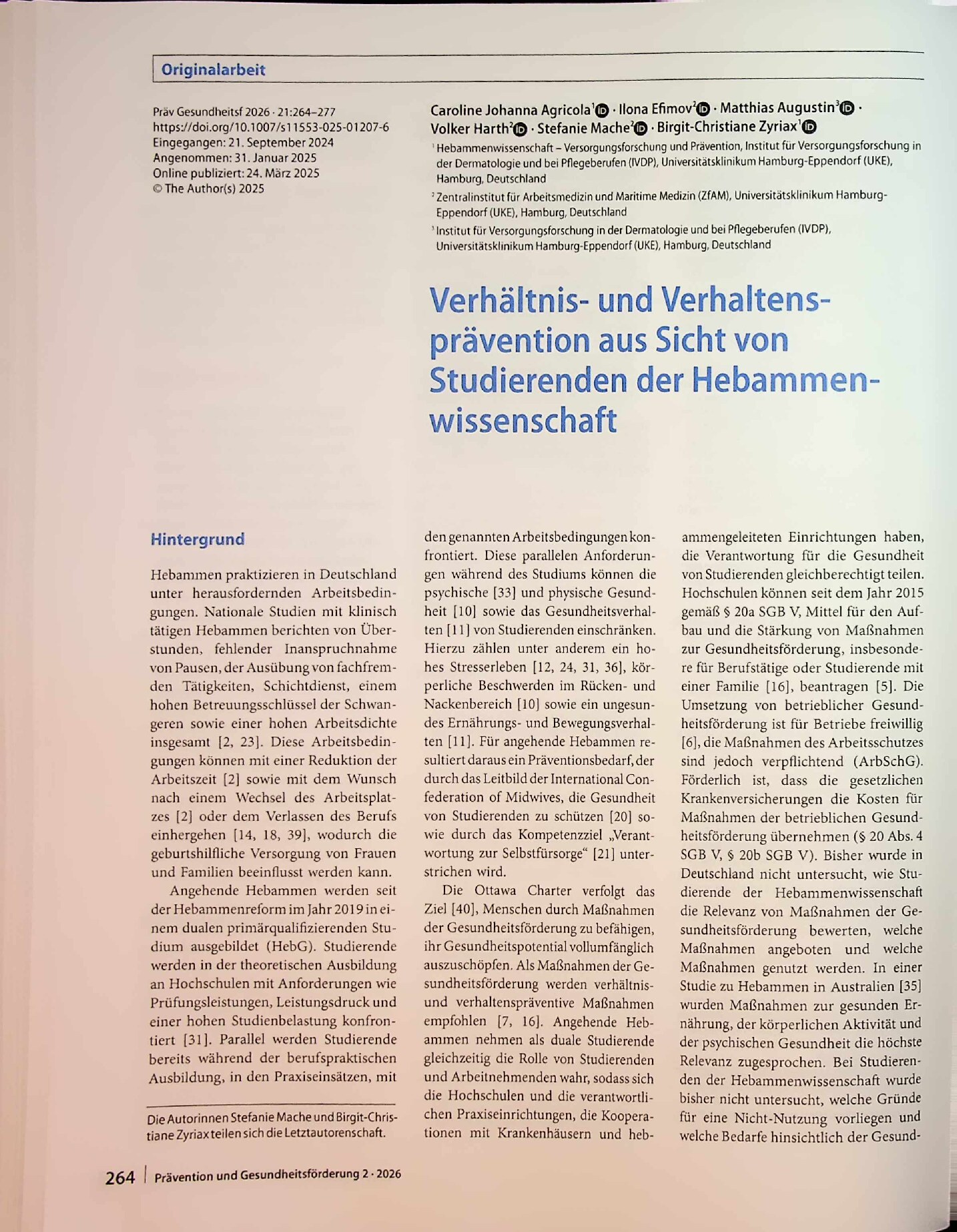Vorschauseite 1: Verhältnis- und Verhaltensprävention aus Sicht von Studierenden der Hebammenwissenschaft
