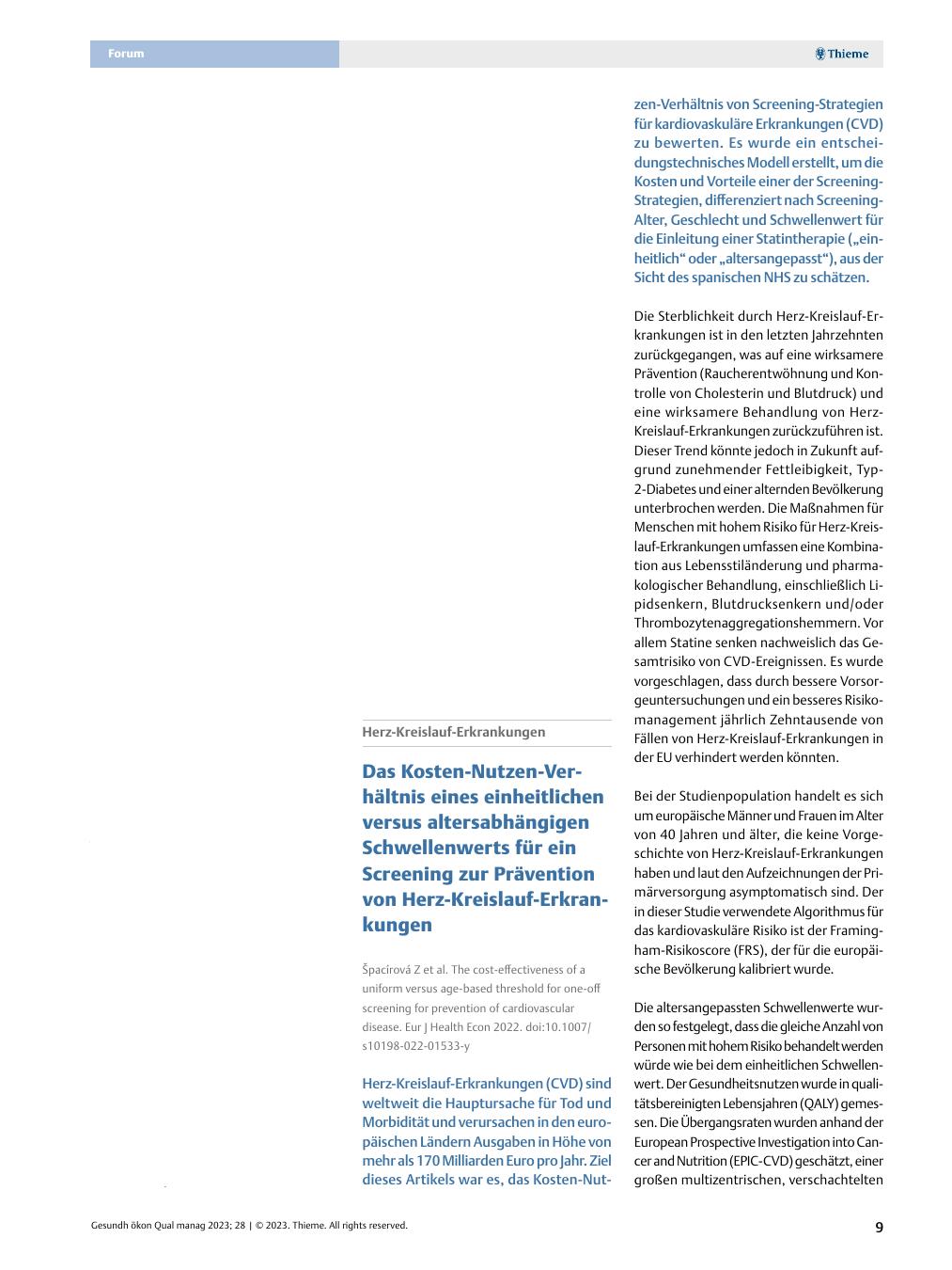Vorschauseite 1: Herz-Kreislauf-Erkrankungen - Das Kosten-Nutzen-Verhältnis eines einheitlichen versus altersabhängigen Schwellenwerts für ein Screening zur Prävention von Herz-Kreislauf-Erkrankun…
