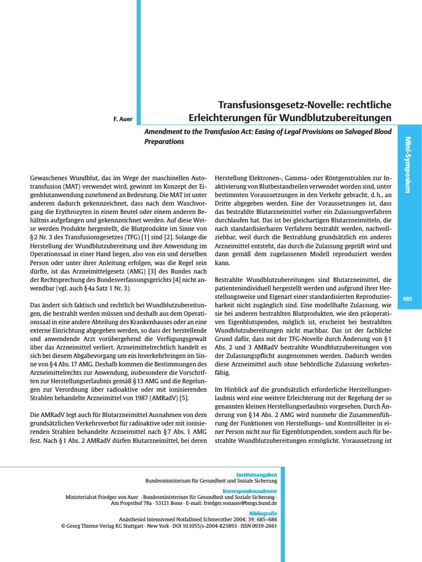 Vorschauseite 1: 3. Internationales Symposium: „Autologe Transfusion - Von der Euphorie zur Ratio: Praktisches Handeln aus wissenschaftlicher Sicht” (Teil II)Transfusionsgesetz-Novelle: rechtliche…