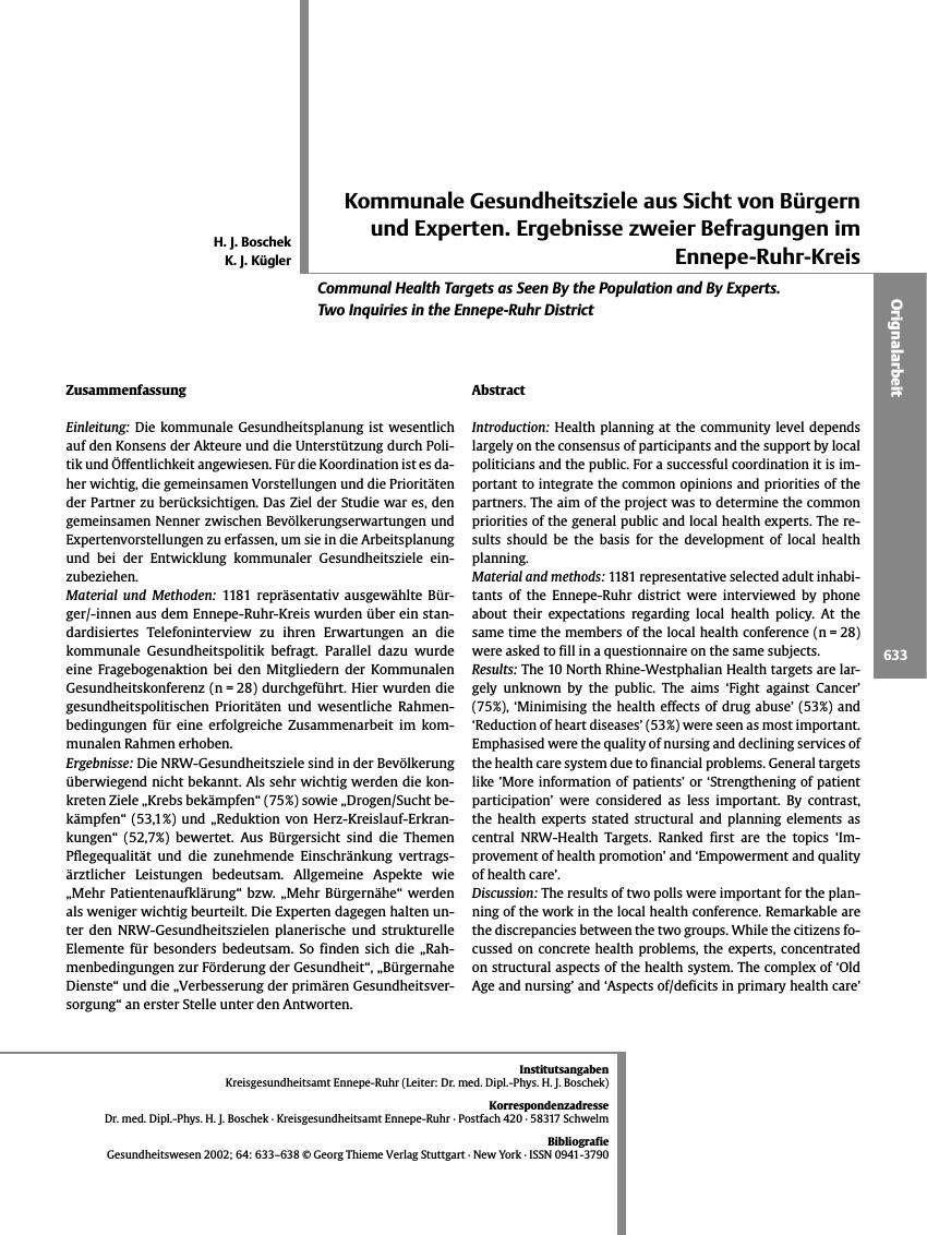 Vorschauseite 1: Kommunale Gesundheitsziele aus Sicht von Bürgern und Experten. Ergebnisse zweier Befragungen im Ennepe-Ruhr-Kreis