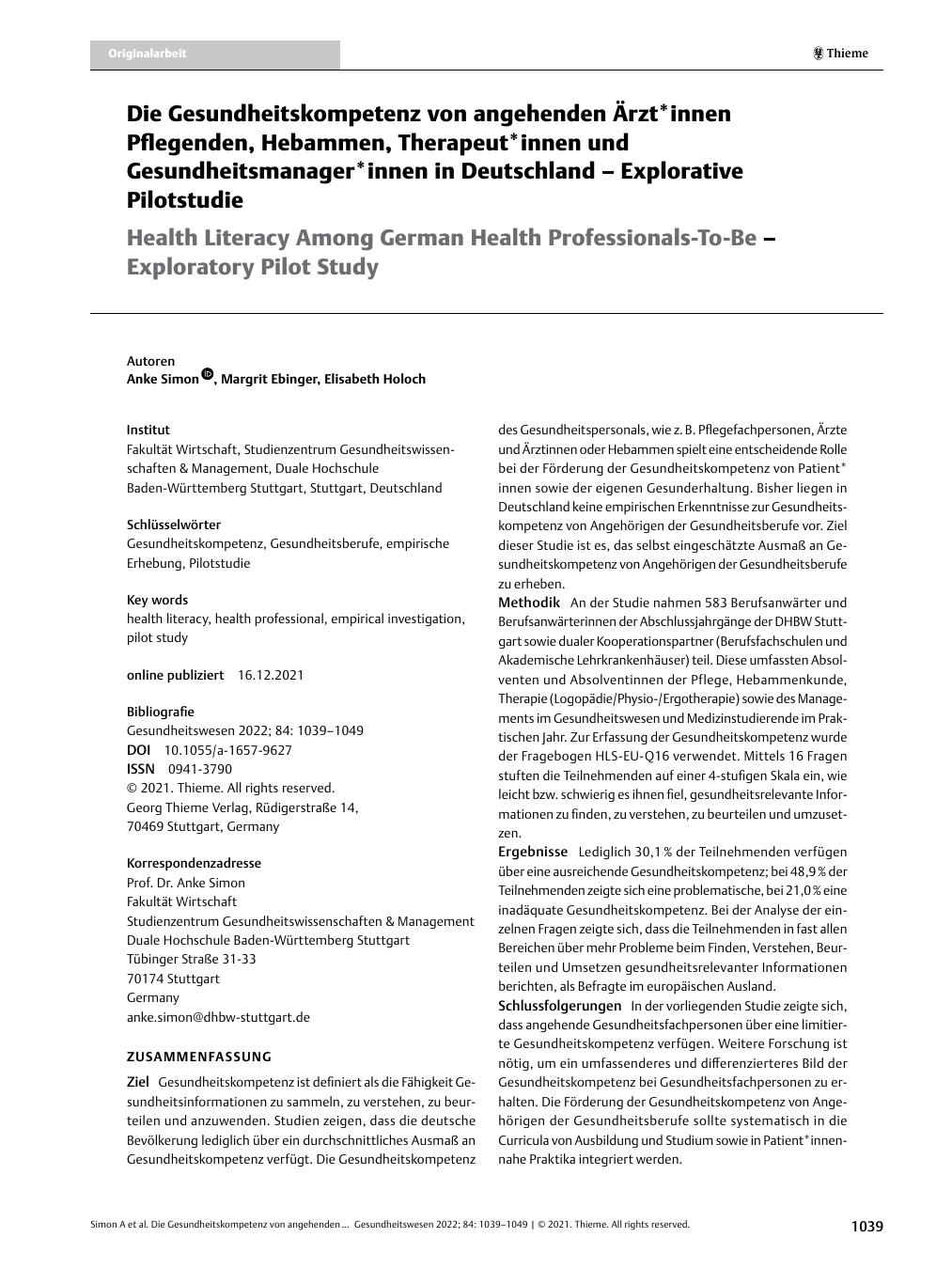 Vorschauseite 1: Die Gesundheitskompetenz von angehenden Ärzt*innen, Pflegenden, Hebammen, Therapeut*innen und Gesundheitsmanager*innen in Deutschland – Explorative Pilotstudie