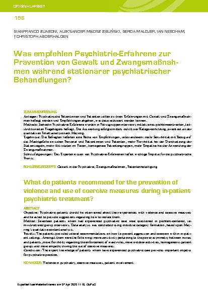 Vorschauseite 1: Was empfehlen Psychiatrie-Erfahrene zur Prävention von Gewalt und Zwangsmaßnahmen während stationärer psychiatrischer Behandlungen?