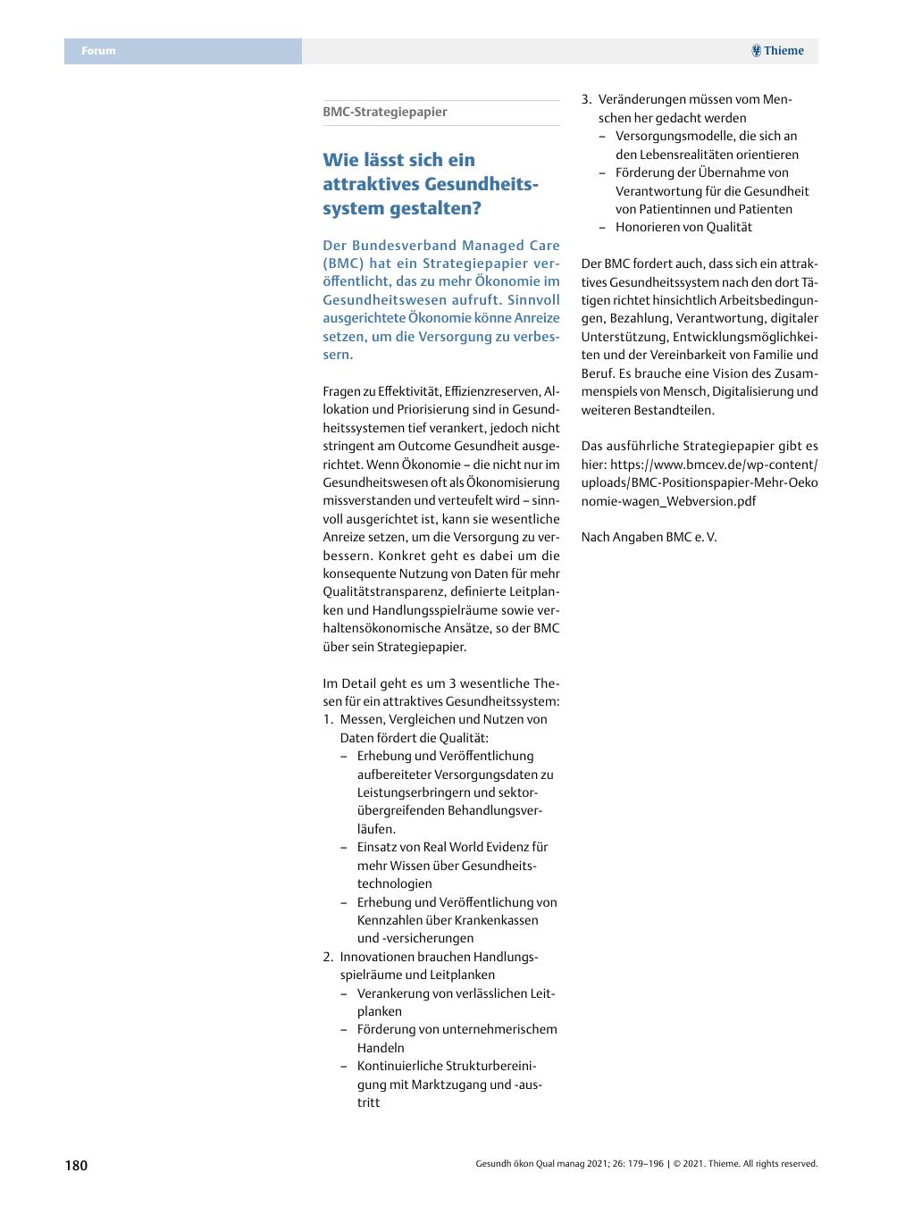 Vorschauseite 1: BMC-Strategiepapier - Wie lässt sich ein attraktives Gesundheitssystem gestalten?