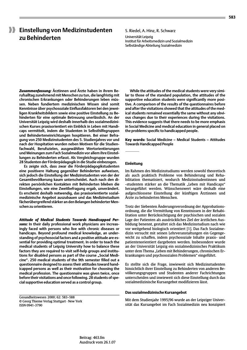 Vorschauseite 1: Einstellung von Medizinstudenten zu Behinderten