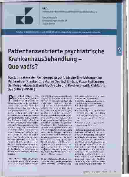 Vorschauseite 1: Patientenzentrierte psychiatrische Krankenhausbehandlung - Quo vadis? Stellungnahme der Fachgruppe psychiatrische Einrichtungen im Verband der Krankenhausdirektoren Deutschlands e…