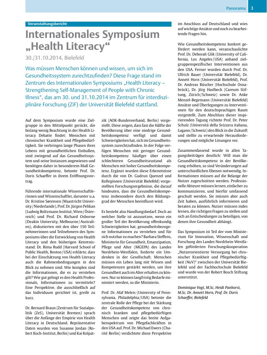 Vorschauseite 1: Internationales Symposium ?Health Literacy?