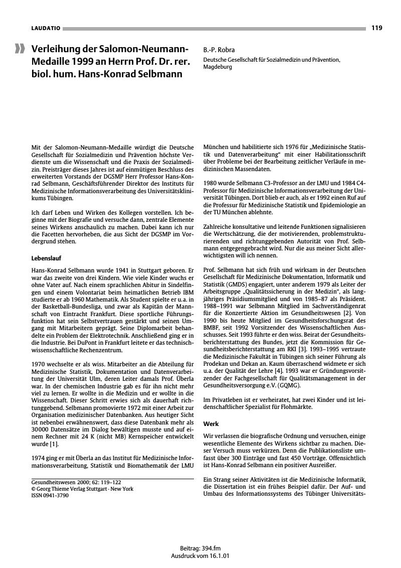 Vorschauseite 1: Verleihung der Salomon-Neumann-Medaille 1999 an Herrn Prof. Dr. rer. biol. hum. Hans-Konrad Selbmann