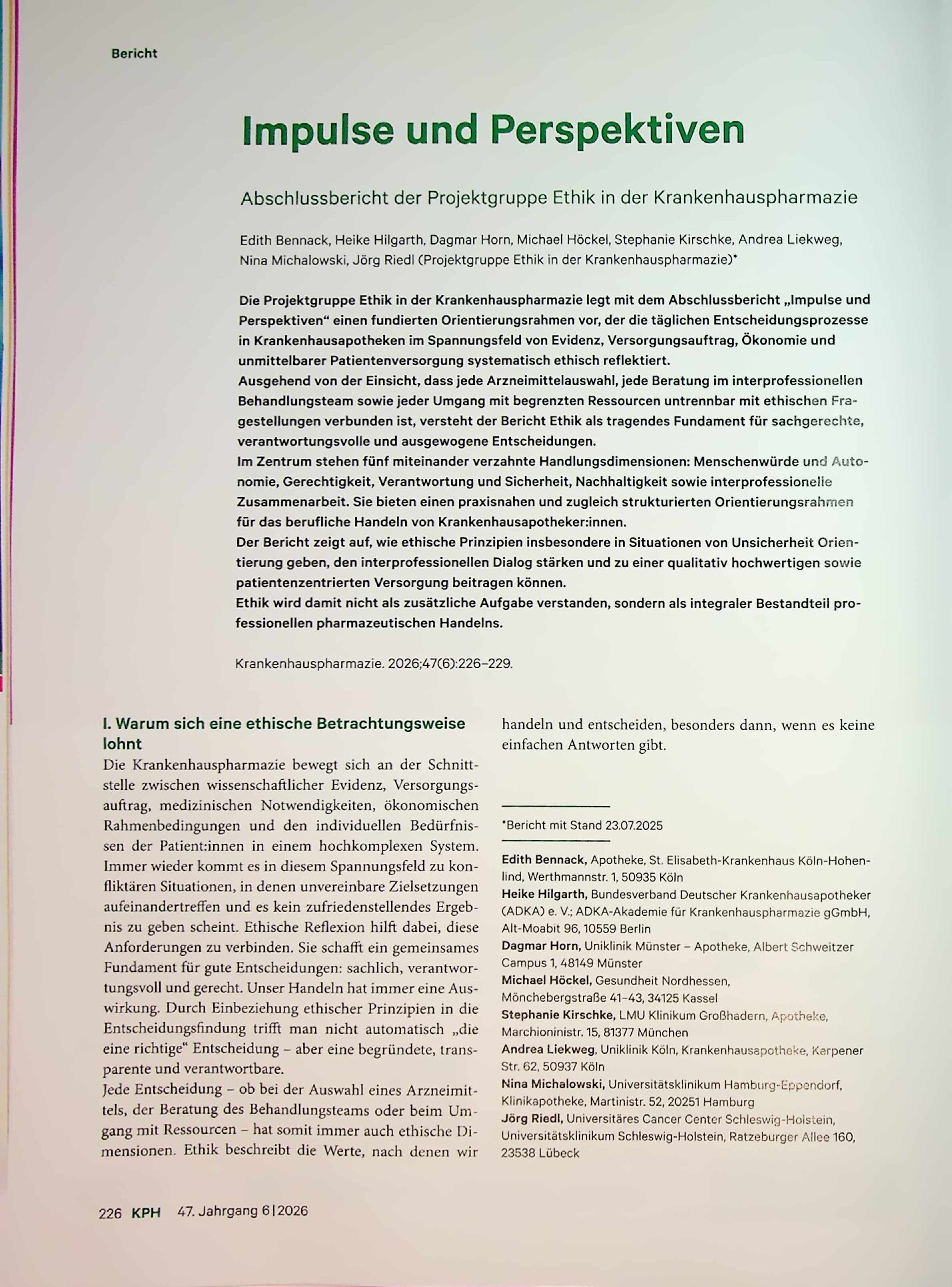 Vorschauseite 1: Impulse und Perspektiven. Abschlussbericht der Projektgruppe Ethik in der Krankenhauspharmazie