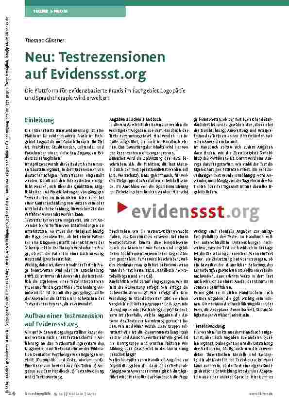 Vorschauseite 1: Neu: Testrezensionen auf Evidenzst.org Die Plattform für evidenzbasierte Praxis im Fachgebiet Logopädie und Sprachtherapie wird erweitert.