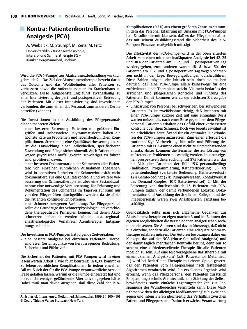 Vorschauseite 1: Kontra: Patientenkontrollierte Analgesie (PCA)