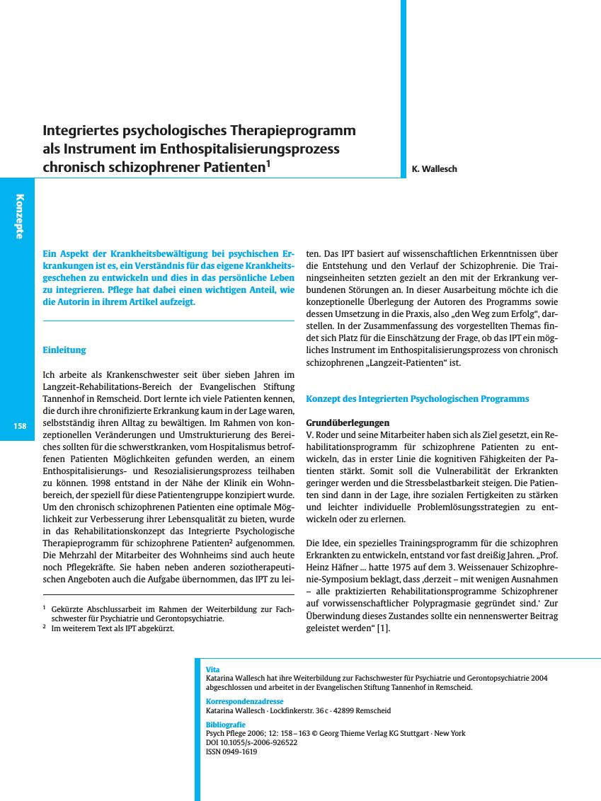 Vorschauseite 1: Integriertes psychologisches Therapieprogramm als Instrument im Enthospitalisierungsprozess chronisch schizophrener Patienten