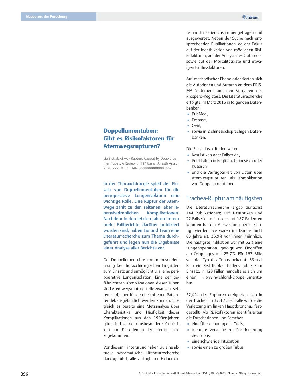 Vorschauseite 1: Doppellumentuben: Gibt es Risikofaktoren für Atemwegsrupturen?