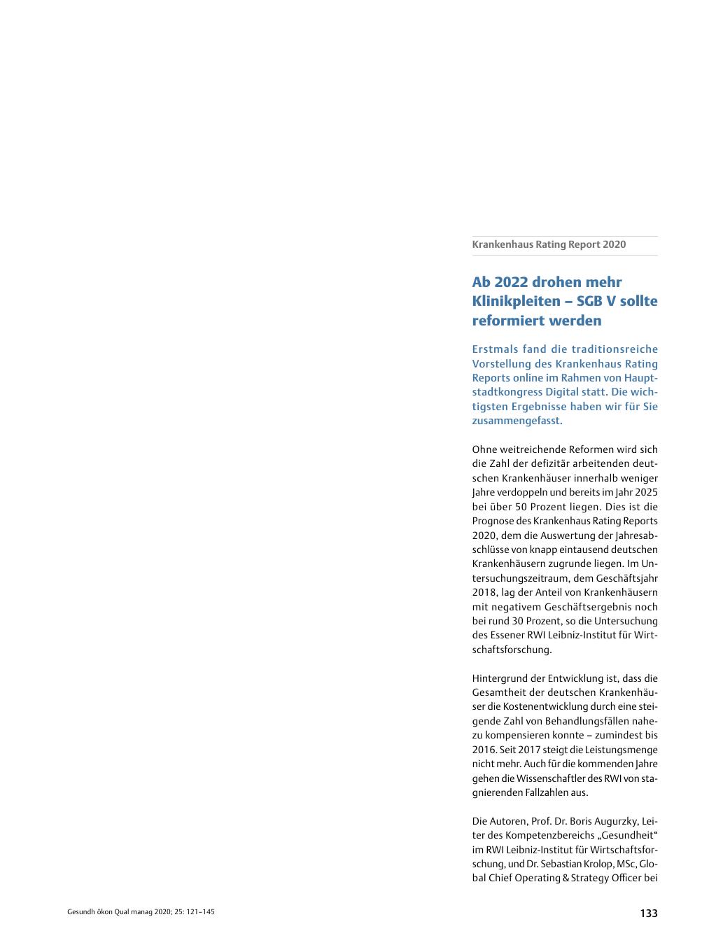 Vorschauseite 1: Krankenhaus Rating Report 2020 - Ab 2022 drohen mehr Klinikpleiten - SGB V sollte reformiert werden