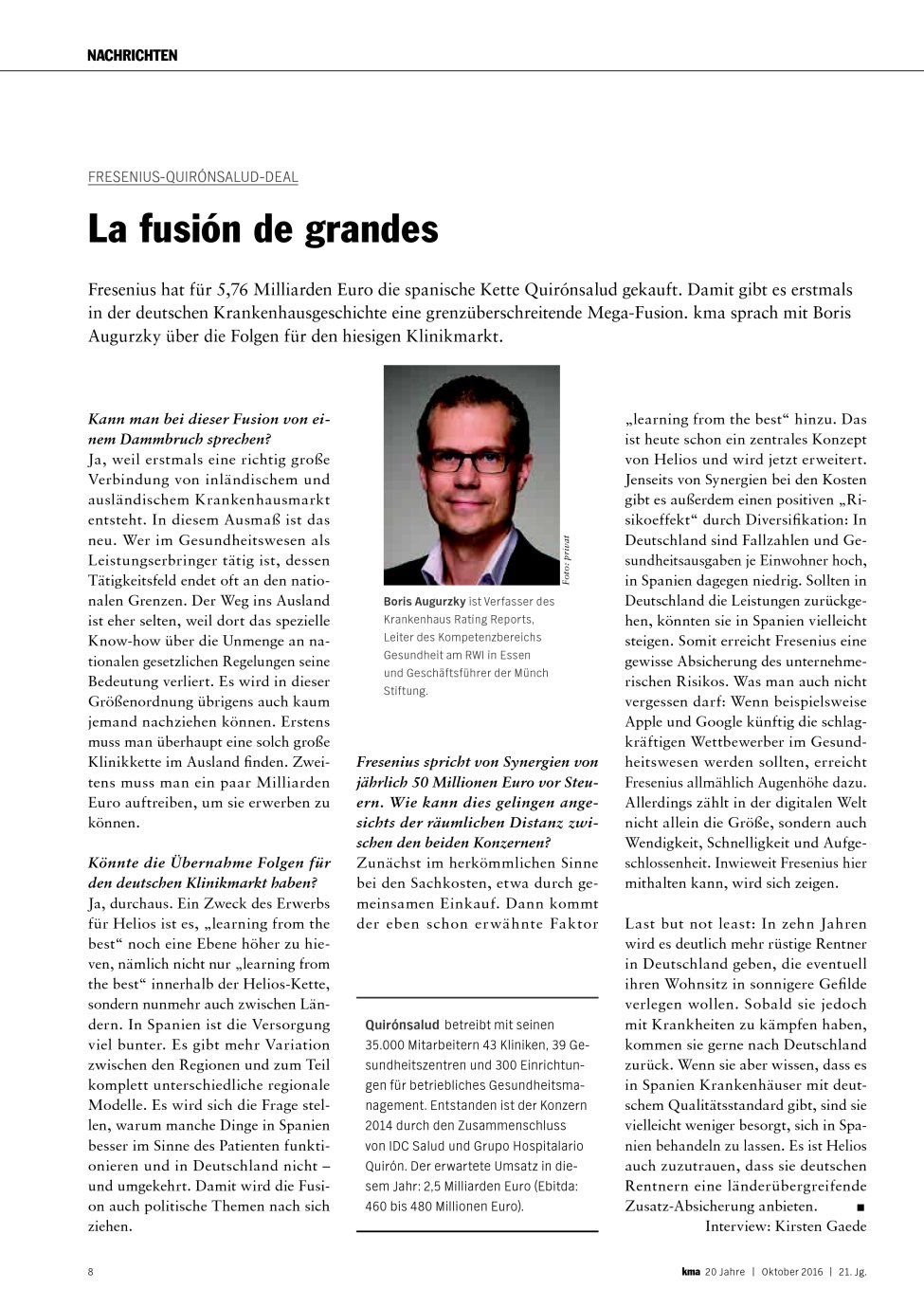 Vorschauseite 1: Fresenius-Quirónsalud-Deal: La fusión de grandes