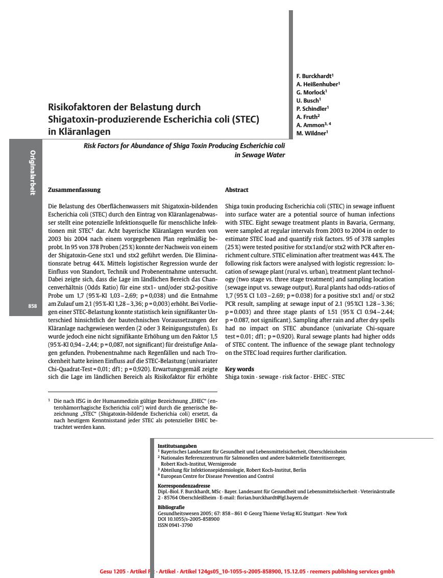 Vorschauseite 1: Risikofaktoren der Belastung durch Shigatoxin-produzierende Escherichia coli (STEC) in Kläranlagen