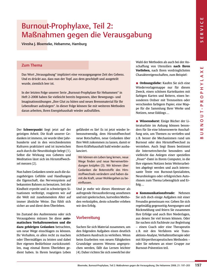 Vorschauseite 1: Burnout-Prophylaxe, Teil 2: Maßnahmen gegen die Verausgabung
