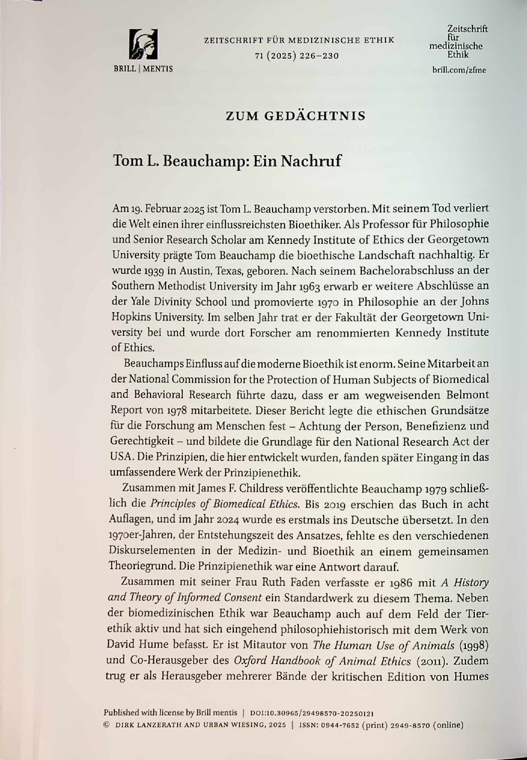Vorschauseite 1: Tom L. Beauchamp: Ein Nachruf