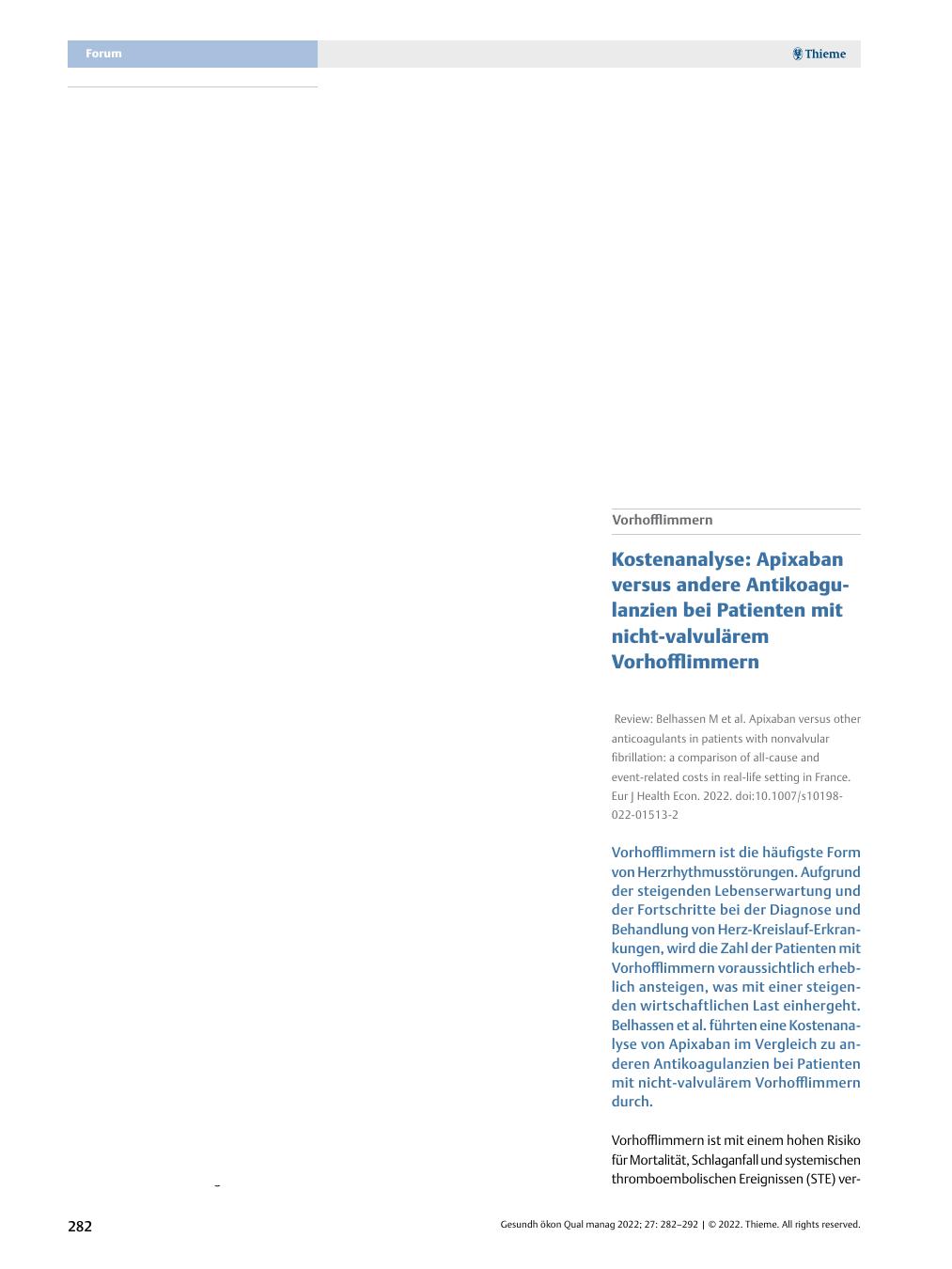 Vorschauseite 1: Vorhofflimmern - Kostenanalyse: Apixaban versus andere Antikoagulanzien bei Patienten mit nicht-valvulärem Vorhofflimmern