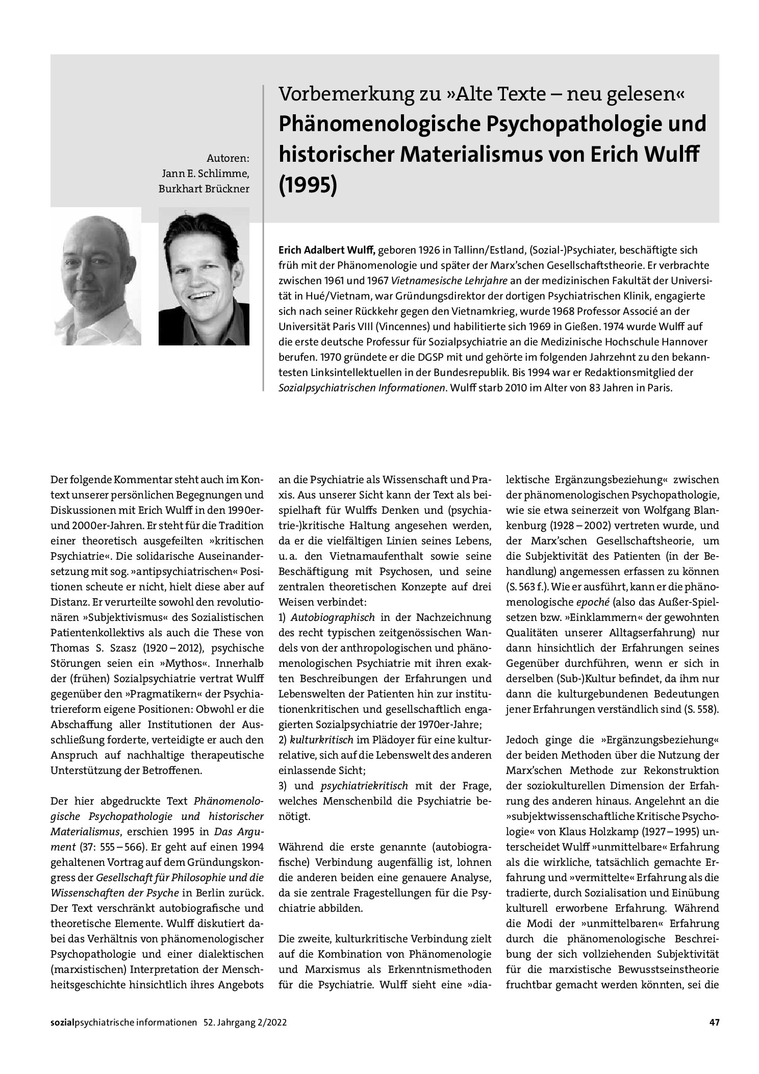 Vorschauseite 1: Vorbemerkung zu »Alte Texte – neu gelesen«: Phänomenologische Psychopathologie und historischer Materialismus von Erich Wulff